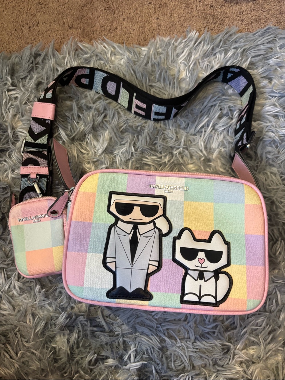 Karl Lagerfeld Pastel Check Crossbody Camera Bag with Character Patches